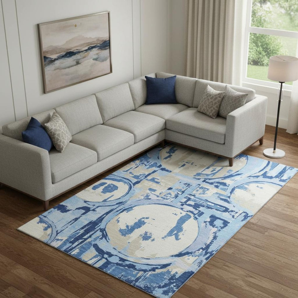 HomeRoots 9' X 12' Sky Blue Ivory Beige Geometric Area Rug - Durable, UV Protected, Easy-Care for Homes 667866