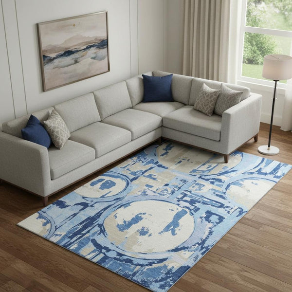 HomeRoots 9' X 12' Sky Blue Ivory Beige Geometric Area Rug - Durable, UV Protected, Easy-Care for Homes 667866