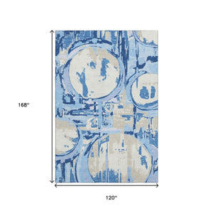 HomeRoots 10' Sky Blue Ivory Beige Geometric Area Rug - Washable, UV Protected, Durable for High-Traffic Spaces 667867