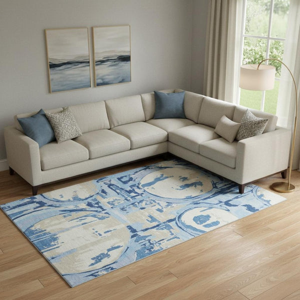 HomeRoots 10' Sky Blue Ivory Beige Geometric Area Rug - Washable, UV Protected, Durable for High-Traffic Spaces 667867