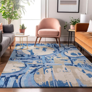 HomeRoots 10' Sky Blue Ivory Beige Geometric Area Rug - Washable, UV Protected, Durable for High-Traffic Spaces 667867