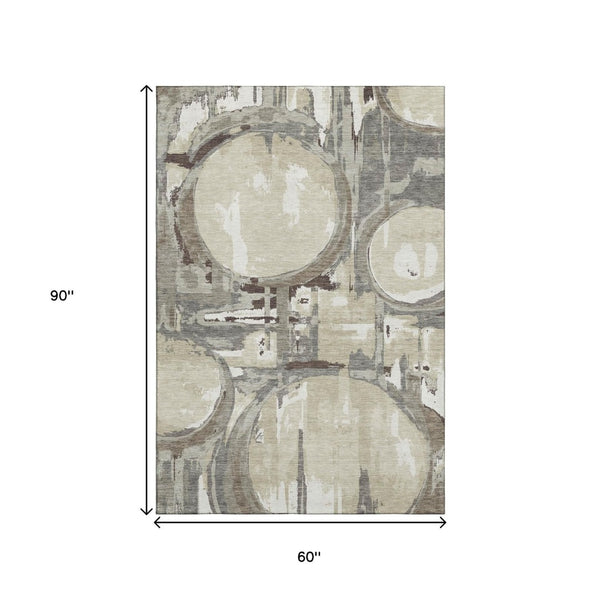 HomeRoots 5' X 8' Tan Beige & Gray Geometric Area Rug – Washable, UV Protected, Stain Resistant, Family Friendly 667869