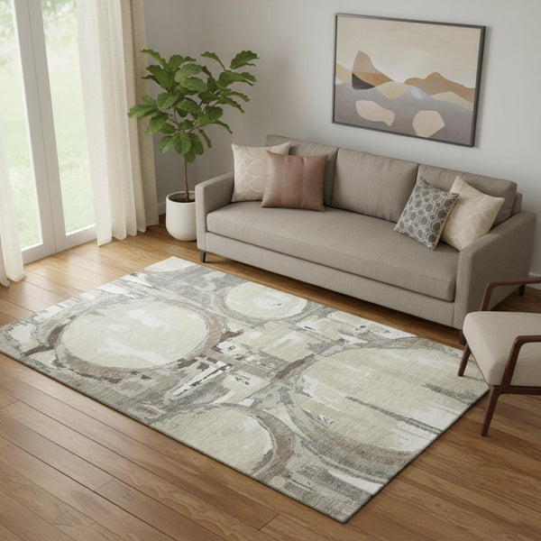 HomeRoots 5' X 8' Tan Beige & Gray Geometric Area Rug – Washable, UV Protected, Stain Resistant, Family Friendly 667869