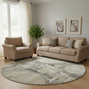 HomeRoots 8' Modern Tan Beige and Gray Geometric Washable Round Rug with UV Protection for High-Traffic Areas 667870