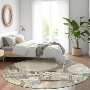 HomeRoots 8' Modern Tan Beige and Gray Geometric Washable Round Rug with UV Protection for High-Traffic Areas 667870