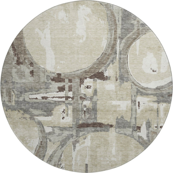 HomeRoots 8' Modern Tan Beige and Gray Geometric Washable Round Rug with UV Protection for High-Traffic Areas 667870