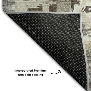 HomeRoots 8' Modern Tan Beige and Gray Geometric Washable Round Rug with UV Protection for High-Traffic Areas 667870