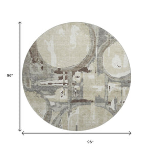 HomeRoots 8' Modern Tan Beige and Gray Geometric Washable Round Rug with UV Protection for High-Traffic Areas 667870