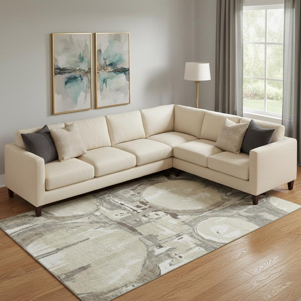 HomeRoots 8' X 10' Tan Beige and Gray Geometric Washable Area Rug with UV Protection for Modern Spaces 667871
