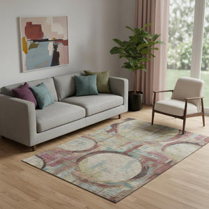 HomeRoots 5' X 8' Washable Geometric Area Rug in Taupe, Blush & Teal - Stylish, Durable & UV Protected Design! 667875