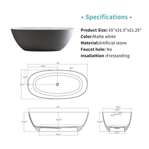 English Elm 65'' Resin Stone Freestanding Soaking Tub Ergonomic Matte White Spa Bath W2753P340262