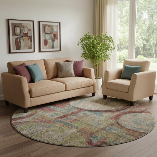 HomeRoots 8' Modern Taupe Blush Teal Geometric Washable Round Rug - UV Protected, Stain Resistant, Soft & Stylish 667876