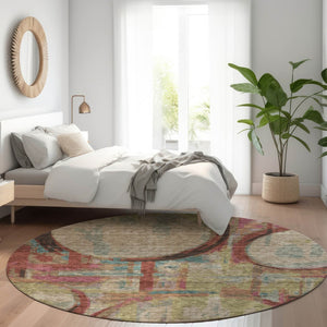 HomeRoots 8' Modern Taupe Blush Teal Geometric Washable Round Rug - UV Protected, Stain Resistant, Soft & Stylish 667876