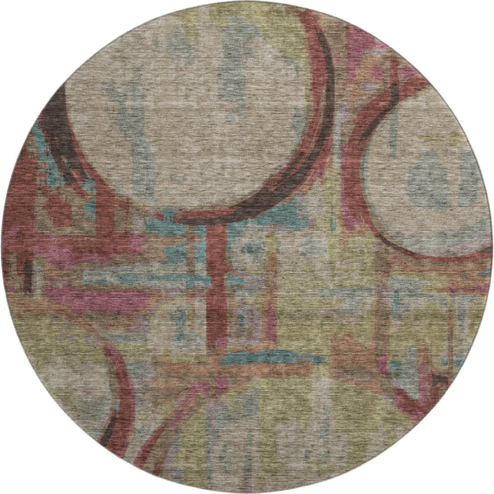 HomeRoots 8' Modern Taupe Blush Teal Geometric Washable Round Rug - UV Protected, Stain Resistant, Soft & Stylish 667876