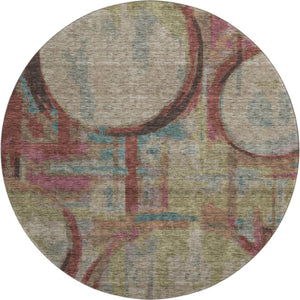 HomeRoots 8' Modern Taupe Blush Teal Geometric Washable Round Rug - UV Protected, Stain Resistant, Soft & Stylish 667876