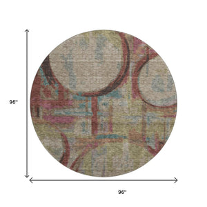 HomeRoots 8' Modern Taupe Blush Teal Geometric Washable Round Rug - UV Protected, Stain Resistant, Soft & Stylish 667876
