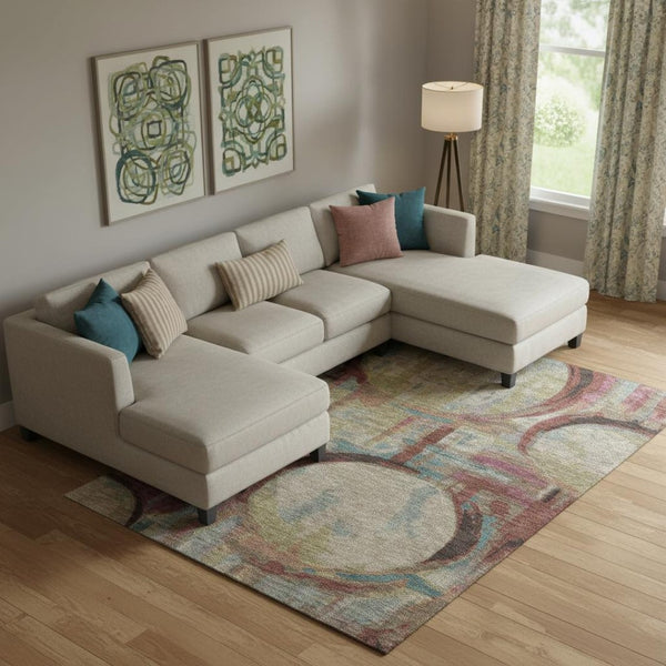 HomeRoots 9' X 12' Stylish Taupe Blush & Teal Geometric Area Rug – Washable, UV Protected for Busy Homes! 667878