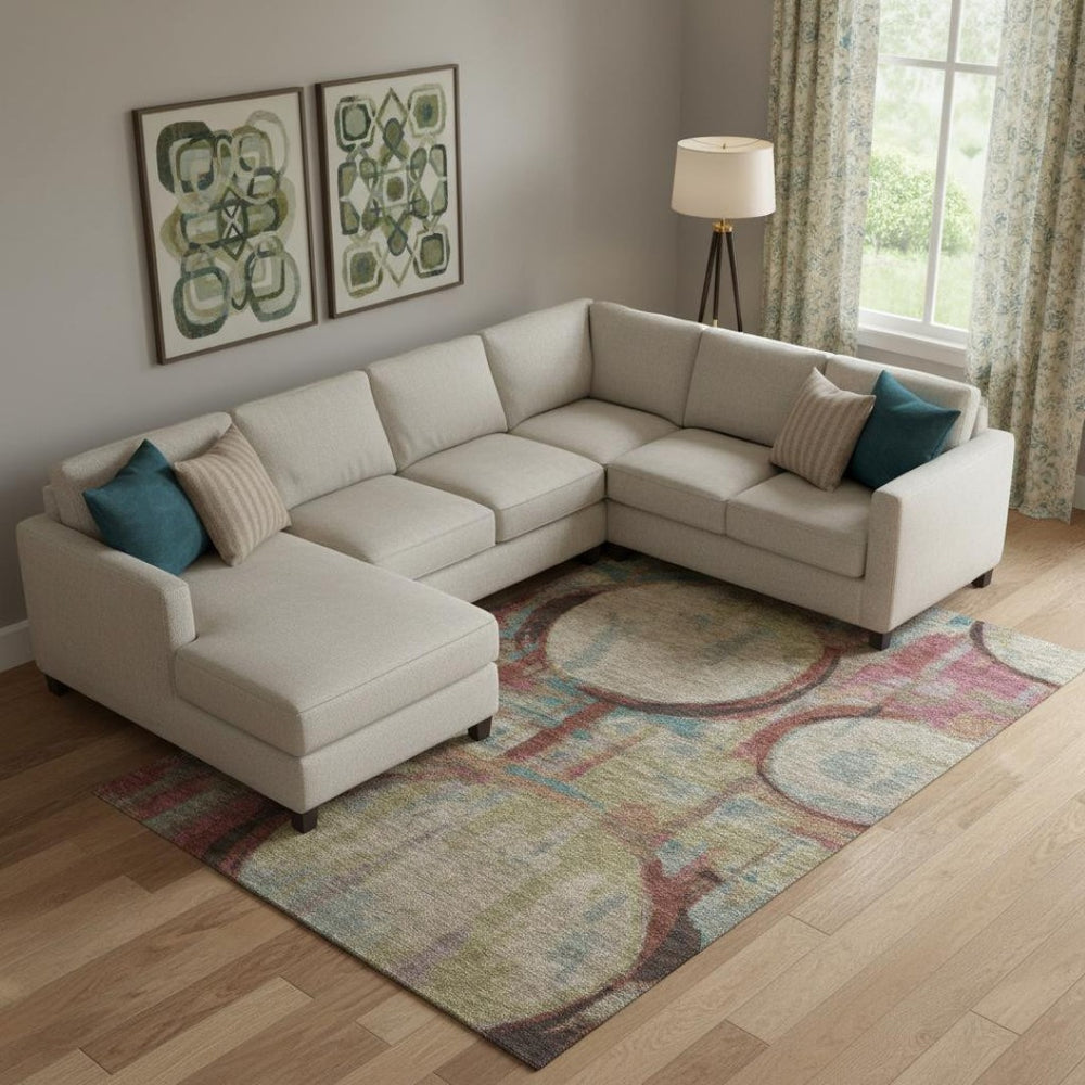 HomeRoots 10' X 14' Stylish Taupe Blush & Teal Geometric Area Rug - Washable, UV Protected & Durable Design 667879