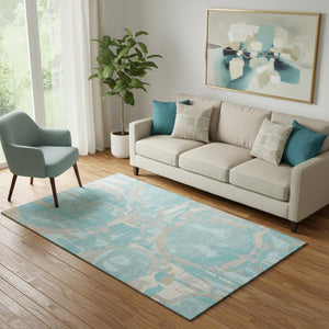 HomeRoots 5' X 8' Stylish Teal Taupe & Beige Geometric Washable Area Rug with UV Protection for Durability 667881