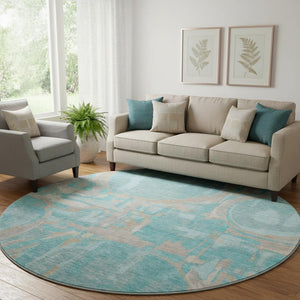 HomeRoots 8' Teal Taupe and Beige Geometric Round Rug – Washable, UV-Protected, Durable for High-Traffic Areas 667882
