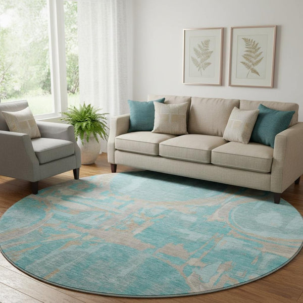 HomeRoots 8' Teal Taupe and Beige Geometric Round Rug – Washable, UV-Protected, Durable for High-Traffic Areas 667882