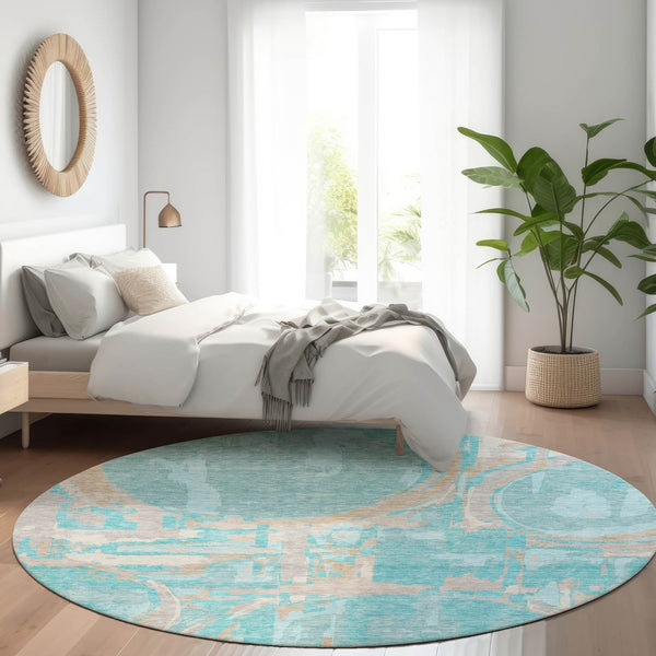 HomeRoots 8' Teal Taupe and Beige Geometric Round Rug – Washable, UV-Protected, Durable for High-Traffic Areas 667882