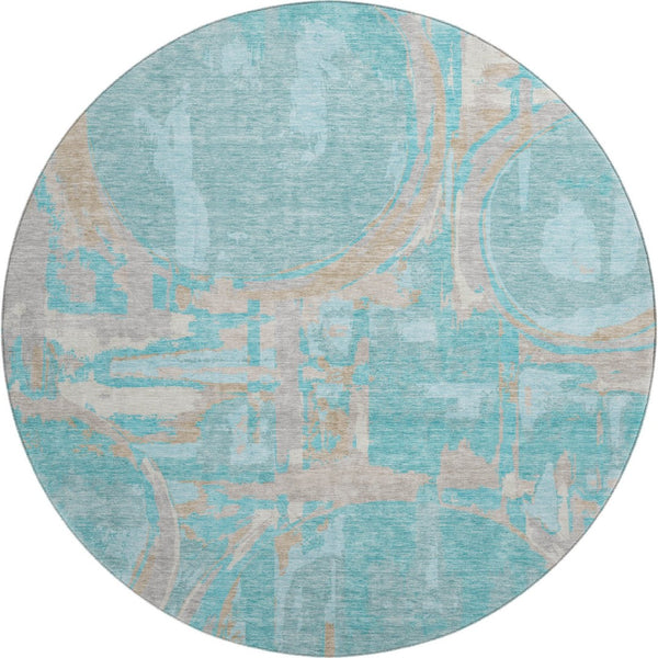HomeRoots 8' Teal Taupe and Beige Geometric Round Rug – Washable, UV-Protected, Durable for High-Traffic Areas 667882