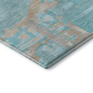 HomeRoots 8' Teal Taupe and Beige Geometric Round Rug – Washable, UV-Protected, Durable for High-Traffic Areas 667882