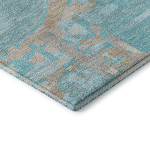 HomeRoots 8' Teal Taupe and Beige Geometric Round Rug – Washable, UV-Protected, Durable for High-Traffic Areas 667882