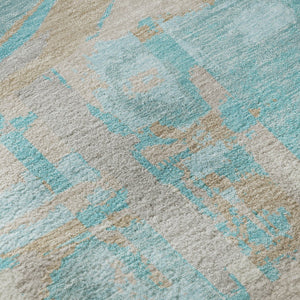 HomeRoots 8' Teal Taupe and Beige Geometric Round Rug – Washable, UV-Protected, Durable for High-Traffic Areas 667882