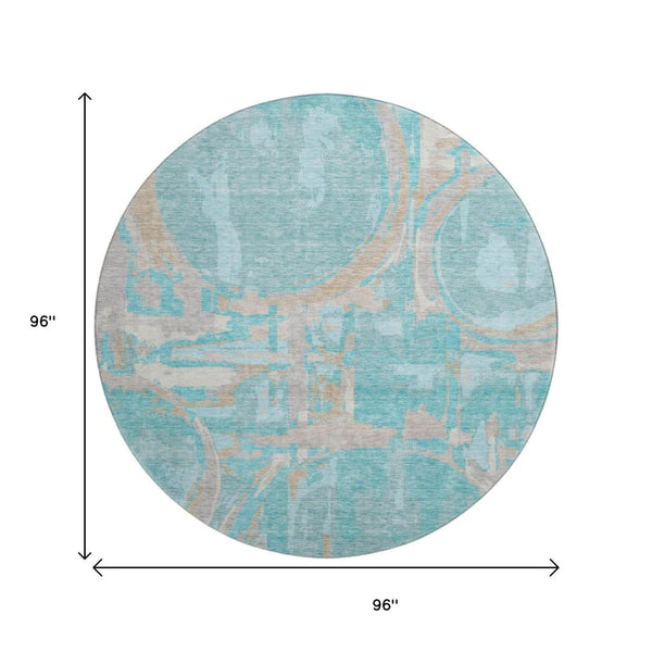 HomeRoots 8' Teal Taupe and Beige Geometric Round Rug – Washable, UV-Protected, Durable for High-Traffic Areas 667882