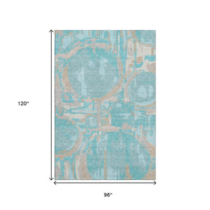 HomeRoots 8' X 10' Geometric Area Rug in Teal, Taupe & Beige - Washable, UV Protected, and Perfect for Families 667883