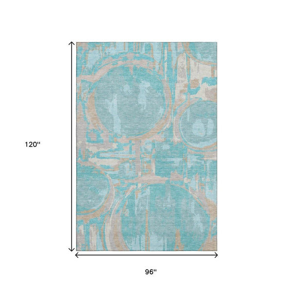 HomeRoots 8' X 10' Geometric Area Rug in Teal, Taupe & Beige - Washable, UV Protected, and Perfect for Families 667883