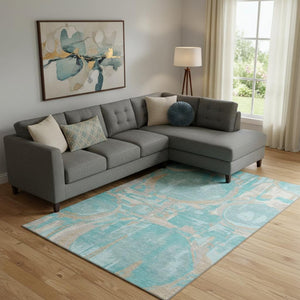 HomeRoots 8' X 10' Geometric Area Rug in Teal, Taupe & Beige - Washable, UV Protected, and Perfect for Families 667883