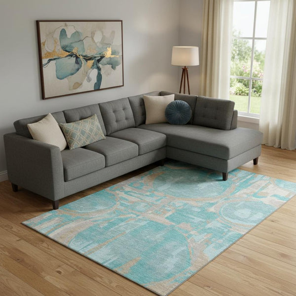 HomeRoots 8' X 10' Geometric Area Rug in Teal, Taupe & Beige - Washable, UV Protected, and Perfect for Families 667883