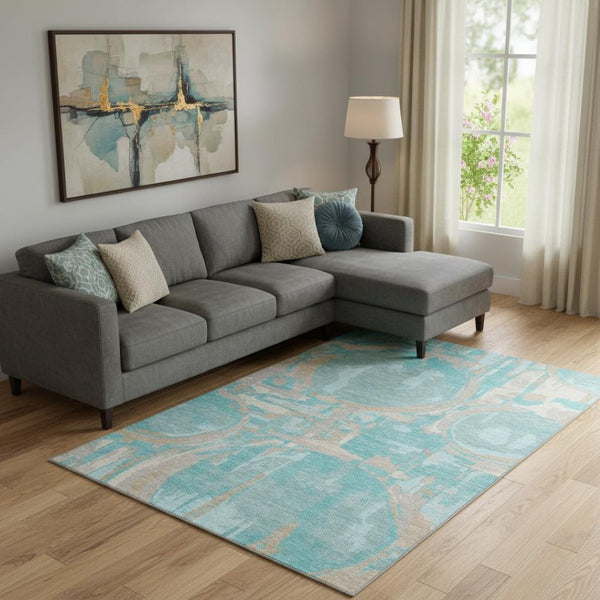 HomeRoots 9' X 12' Stylish Teal Taupe Geometric Area Rug - Washable, UV Protected & Perfect for High-Traffic Homes 667884