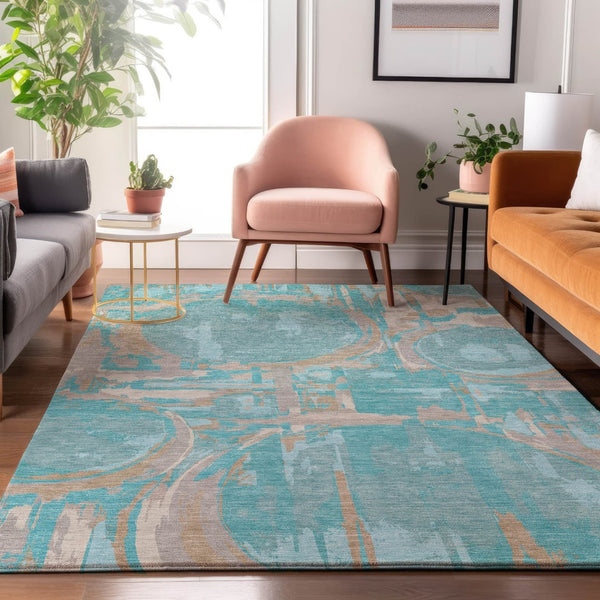 HomeRoots 9' X 12' Stylish Teal Taupe Geometric Area Rug - Washable, UV Protected & Perfect for High-Traffic Homes 667884