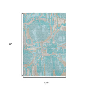 HomeRoots 10' Teal, Taupe & Beige Geometric Washable Area Rug - Durable, UV Protected, Easy-Care Design for Your Home 667885