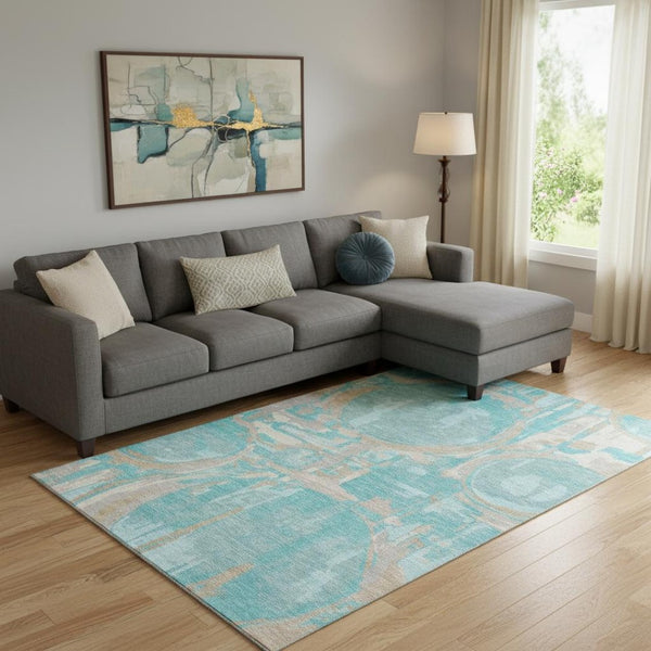 HomeRoots 10' Teal, Taupe & Beige Geometric Washable Area Rug - Durable, UV Protected, Easy-Care Design for Your Home 667885