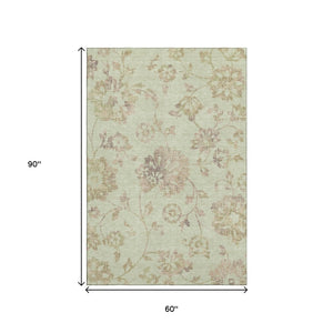 HomeRoots 5' X 8' Transitional Floral Area Rug in Artichoke Green, Taupe & Beige – Durable, Washable & UV Protected 667887