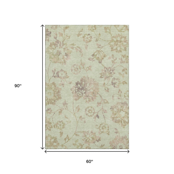 HomeRoots 5' X 8' Transitional Floral Area Rug in Artichoke Green, Taupe & Beige – Durable, Washable & UV Protected 667887