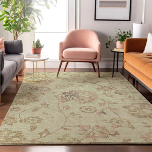HomeRoots 5' X 8' Transitional Floral Area Rug in Artichoke Green, Taupe & Beige – Durable, Washable & UV Protected 667887