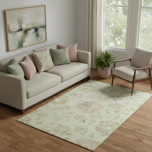 HomeRoots 5' X 8' Transitional Floral Area Rug in Artichoke Green, Taupe & Beige – Durable, Washable & UV Protected 667887
