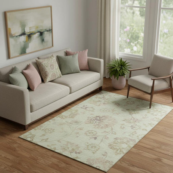 HomeRoots 5' X 8' Transitional Floral Area Rug in Artichoke Green, Taupe & Beige – Durable, Washable & UV Protected 667887