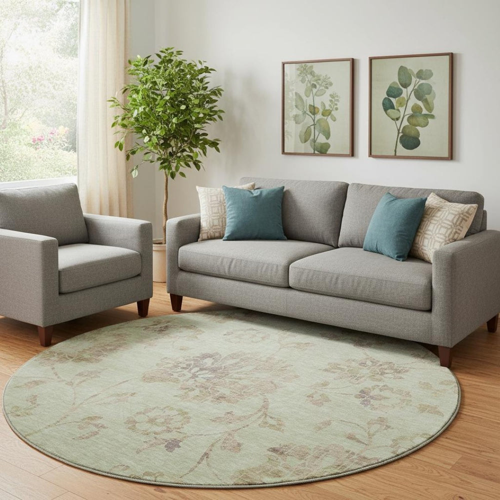 HomeRoots 8' Washable Floral Round Rug in Artichoke Green, Taupe & Beige - UV Protected, Stain-Resistant Design 667888