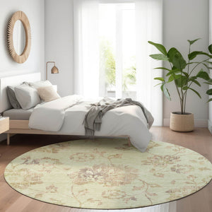 HomeRoots 8' Washable Floral Round Rug in Artichoke Green, Taupe & Beige - UV Protected, Stain-Resistant Design 667888
