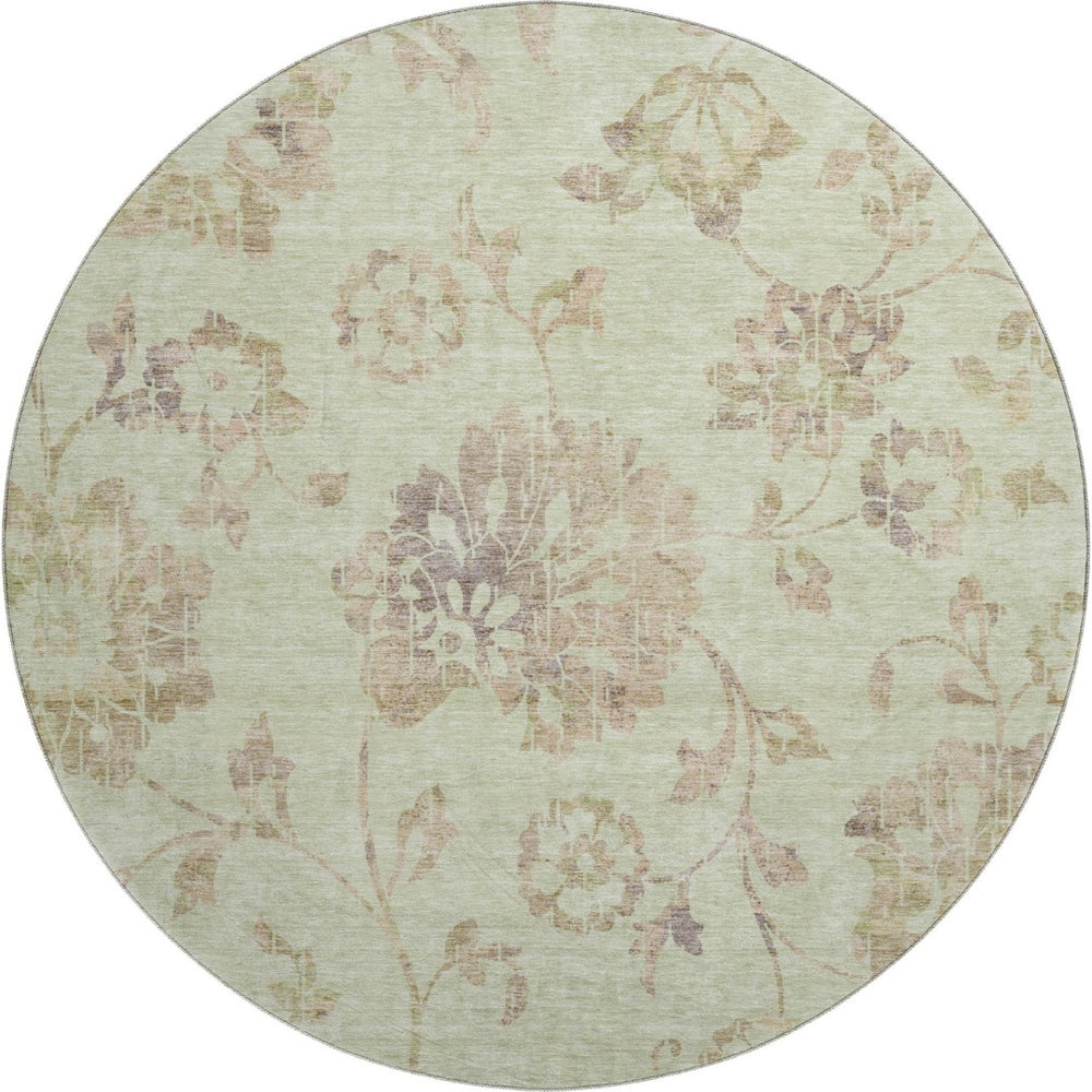 HomeRoots 8' Washable Floral Round Rug in Artichoke Green, Taupe & Beige - UV Protected, Stain-Resistant Design 667888