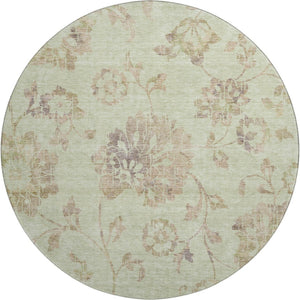 HomeRoots 8' Washable Floral Round Rug in Artichoke Green, Taupe & Beige - UV Protected, Stain-Resistant Design 667888