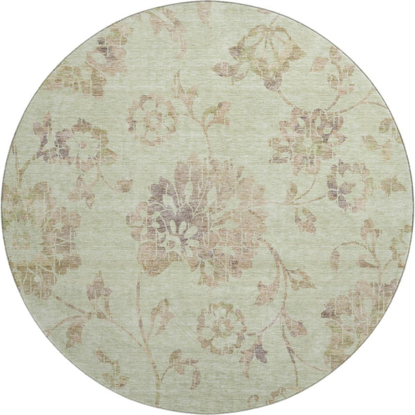 HomeRoots 8' Washable Floral Round Rug in Artichoke Green, Taupe & Beige - UV Protected, Stain-Resistant Design 667888