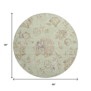 HomeRoots 8' Washable Floral Round Rug in Artichoke Green, Taupe & Beige - UV Protected, Stain-Resistant Design 667888